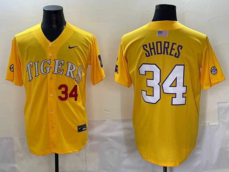 Men 2025 LSU Tigers #34 Shores Yellow Nike Joint Name Nike NCAA Jersey style 5